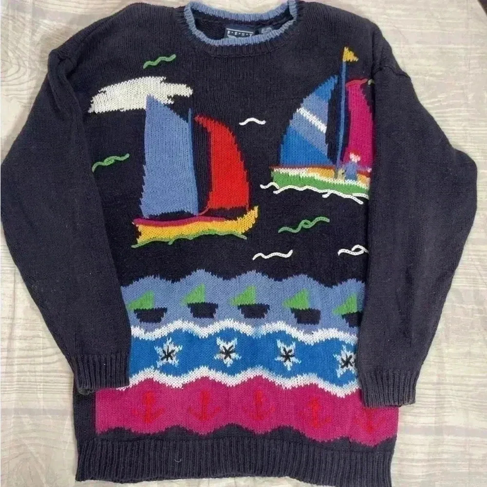 Vintage Best American Clothing Co Sweater Women’s M Knit Sailboat 90s Oversized